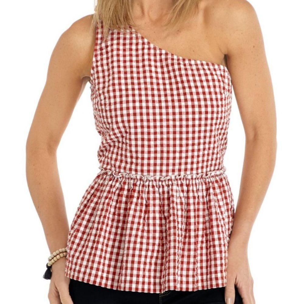 NWT Crown & Ivy One Shoulder Gingham Top